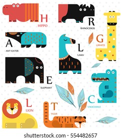 Vector illustration. Set of wild animals on a white background. Flat design. English alphabet. English letters.