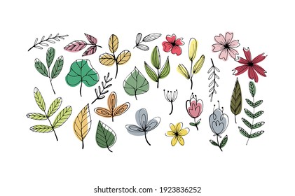 ilustración vectorial. conjunto de flores silvestres y hojas. dibujo a mano. garabatos. arte de línea en puntos de color