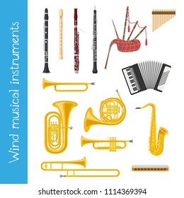 Vector illustration set of wind musical instruments in cartoon style isolated on white background