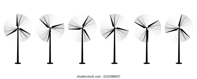 Ilustración vectorial del conjunto de turbinas eólicas, molino de viento, silueta de generador de viento aislada en fondo blanco