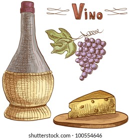 Vector illustration set of wine bottle, cheese and grapes