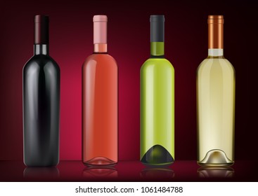  Vektorgrafik. Weinflaschen in fotorealistischem Stil. Rosa, weiß, rote Weine. Ein realistisches Objekt auf dunkelrotem Hintergrund. 3D-Realismus.