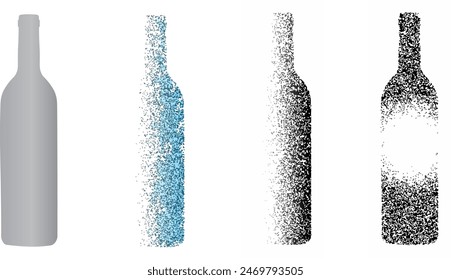 A vector illustration of a set of wine bottles. Black and white gradient-striped texture. Dotted noise curve and wavy pattern