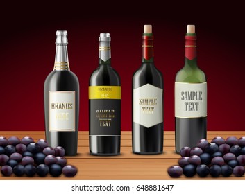 Vector illustration of Set of wine bottles and grapes