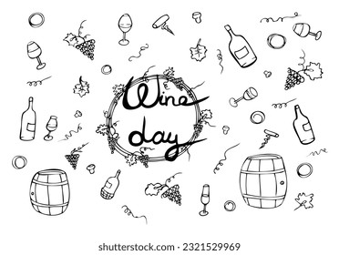 
Vector illustration set for wine day, autumn, harvest festival. Wine bottles, barrels, grapes, glasses, lettering