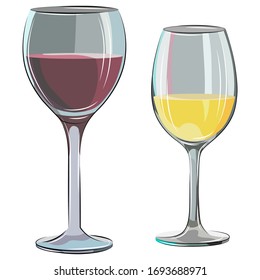 vector illustration, set of wine glasses, red and yellow wine, isolated on a white background