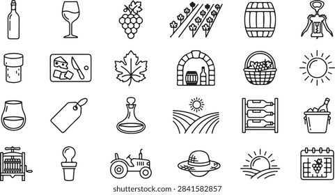 Vector illustration set of wine making and winemaking related black and white outline icons including grapes, bottles, glasses, vineyards, barrels, and winery equipment.