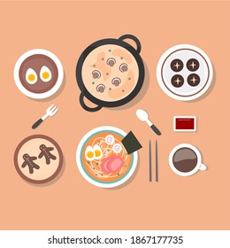 Vector illustration set of winter and Christmas food. Mushroom soup, boiled eggs, meatballs, ramen, gingerbread cookies, and coffee. With spoon, fork, chopsticks, and sauce. Flat design style