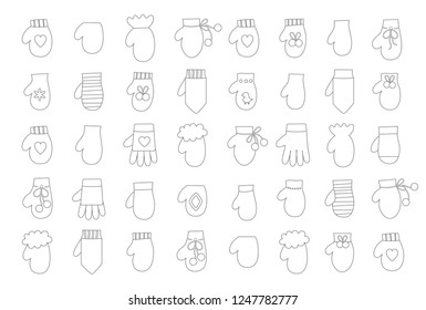 Vector illustration: set of winter hand clothes: linear black gloves and  mittens  isolated on white background. Decorative elements for Christmas greeting cards, fabrics, wallpapers, wrapping paper
