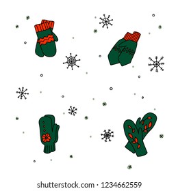 Vector illustration with set of  winter mittens. Set of winter mittens on white background with snow