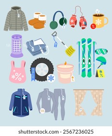 Vector illustration set of winter shopping item featuring clothes, shoes, winter sport ski board, food, drink, and candle in a simple and suitable for retail stylish promo poster design