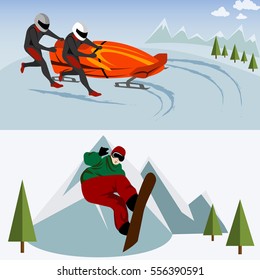 Vector illustration. Set of winter sports and activities in flat style on two multicolor banners. People in sports winter vacation - bobsledding, snowboarding