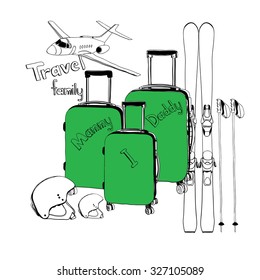 Vector illustration of set for winter travel  skiing, helmet and airplane