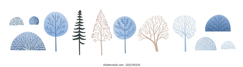 Vector illustration - set of winter trees, fir-tree and bush in snow. Winter fairytale florals in flat style with gradient. Blue forest. Perfect for advertise, home decor, banners, cards