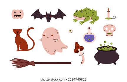 Ilustração vetorial de um conjunto de elementos bruxas para a celebração do Halloween, incluindo elementos como poção, vassoura, sapo, crânio, gato e muito mais. Feito em um estilo de desenho animado plano em um fundo isolado.