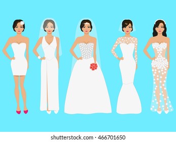 Vector illustration set of a woman bride in white wedding dress. Beautiful newlywed girl in evening dress white. The dress on prom night, a celebration, a party.