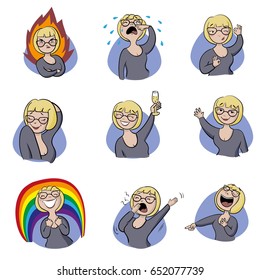 Vector illustration. Set of woman expression isolated: mad, sad, ok, blushing,congrats, hello, happy, yawn, funny
