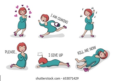 Vector illustration. Set of woman expression isolated: love, I'm coming, dance, please, give up, kill me now