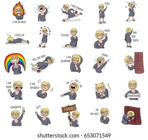 Vector illustration. A set of woman expression isolated: mad, sad, ok, blushing,congrats, hello, happy, yawn, funny, love and many others.
