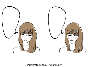 vector illustration- set of woman face expression with speech bubble. Beautiful brunette woman smiling. Beautiful woman crying with tears.