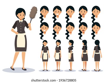 Vector illustration set of woman is a maid, in various action. emotion expression. Front, side, back view animated character.