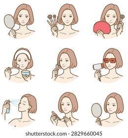 Vector illustration set of a woman using beauty tools and devices