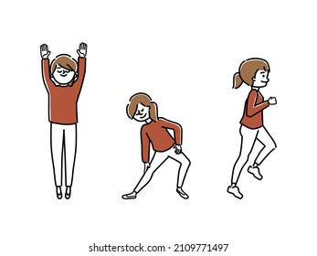 Vector illustration set of woman warming up and jogging