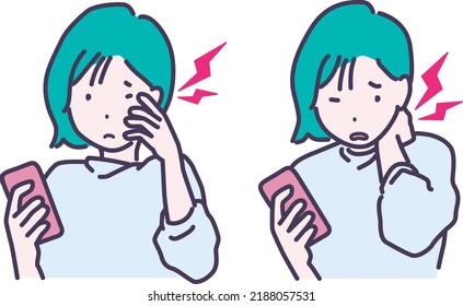 A vector illustration set of a woman whose eyes and neck hurt from looking at her smartphone too much