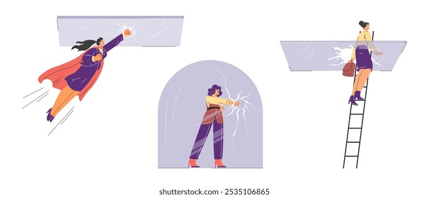 Vector illustration of a set of women breaking a glass ceiling and a dome. The problem of gender inequality in business. Women defending their rights. Flat style. Isolated background.