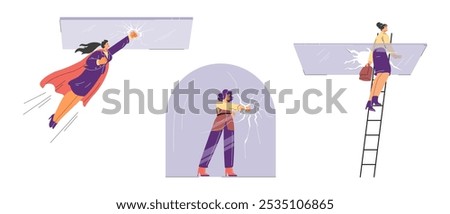 Vector illustration of a set of women breaking a glass ceiling and a dome. The problem of gender inequality in business. Women defending their rights. Flat style. Isolated background.