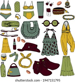 vector illustration set with women' clothing. Swimsuit, ring, cream, lacquer, earrings, bracelet, sandals, footwear, bag, topic, skirt, boots on a white background, doodle