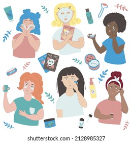 Vector illustration of a set of women of different nationalities use cosmetics for skin care. Beauty routine concept of organic, vegan cosmetics
