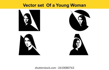 Vector illustration of a set of women face shadow. Directly above view of young woman with pendant shadow on her face isolated on white background.