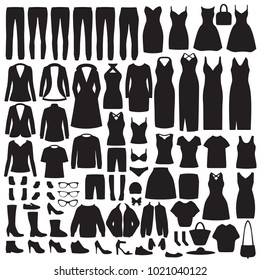 vector illustration of  set women fashion clothes silhouette, dress, shirt, shoes, jeans, jacket collection