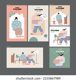 vector illustration set of women holding a box in her home