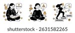 Vector illustration set of women practicing positive journaling, mindfulness meditation, and personal growth steps. Ideal for mental health, self-care, and psychology concepts.