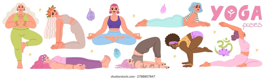 Vector illustration set of women practicing various yoga poses. Cute character bundle with diverse girls doing meditation.