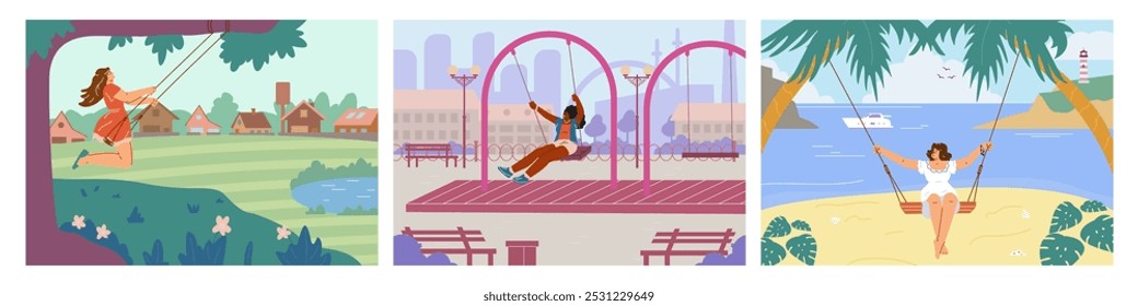 Vector illustration of a set of women swinging on a swing. Happy characters against the backdrop of a rural, urban and beach landscape. A serene lifestyle and self-love. Flat Style.