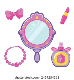 Ilustración vectorial de un conjunto de accesorios de mujer: espejo, perfume, collares, pulsera, lápiz labial