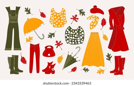 vector illustration set of women's autumn clothes and accessories with leaves for stickers, web design, games and other