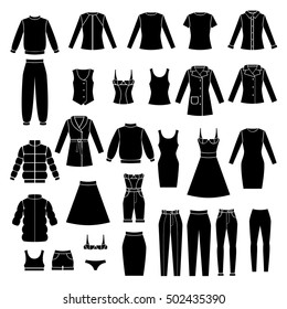 vector illustration set of women's clothing jacket coat vest trousers leggings skirt underwear silhouettes