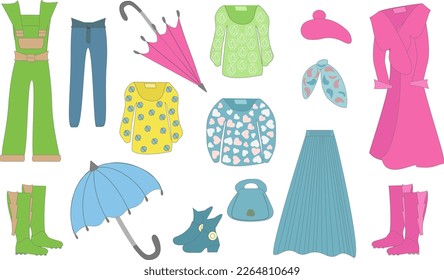 vector illustration set of women's spring clothes and accessories in pastel colors
