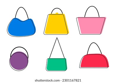 Ilustración vectorial del juego de bolsos elegantes para mujeres. Accesorios de moda de diferentes tipos aislados en el fondo blanco. Colores luminosos
