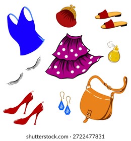 Ilustración vectorial de un conjunto de artículos de tocador para mujeres como Elementos para su diseño.
