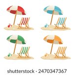 The Vector illustration set of a Wooden Beach Chair, blue Umbrella, and Ball with four colors. Summer holiday on the beach vector illustration.Time to travel concept