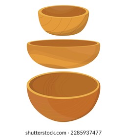 Vector illustration set of wooden bowl, kitchen utensils isolated on white background. 