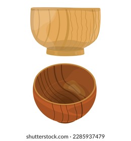 Ilustración vectorial de tazón de madera, utensilios de cocina aislados sobre fondo blanco. 