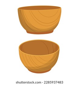 Vector illustration set of wooden bowl, kitchen utensils isolated on white background. 