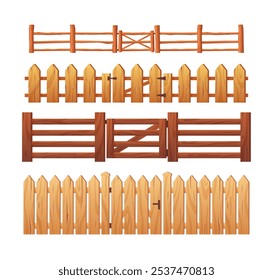 Ilustración vectorial de un conjunto de vallas marrones de madera, diferentes Formas, con un palo. Vertical de la granja y vallas Horizontales con entrada. Estilo plano de la historieta. Fondo aislado.