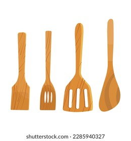 Vector illustration set of wooden dishes, kitchen utensils isolated on white background. Vector illustration of wooden spoons, cutting board, wooden bowls